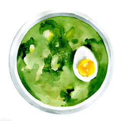 Spring green soup young sorrel leaves on wooden background. Green leaves cream soup sorrel or spinach, bread, egg, reddish, parsley on white wood kitchen table. Soup for dinner green sorrel leaf