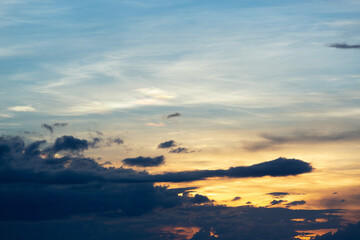 Beautiful sunset sky above clouds with dramatic light