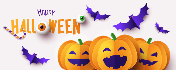 Happy Halloween greeting banner, card or party invitation with Holiday calligraphy, cutest pumpkins and bats on white background. Design template for advertising, web, social media. Paper cut style