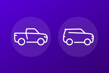 pickup truck, suv line icons