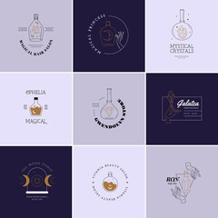 Hands set in simple flat esoteric boho style. Feminine hand logo collection with different symbol like space star planet, floral herb, moon and sun, heart love, eye, fire, drop. Vector illustration.