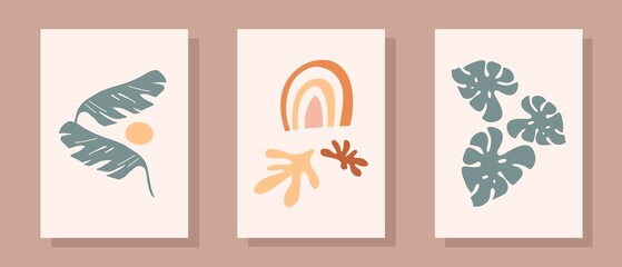 Set of abstract hand painted illustrations in pastel colors. Hand drawn vases , leaves. Collection of contemporary art posters. Abstract geometrical elements, shapes for print, social media, posters