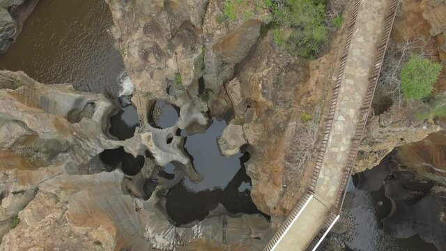 Canyon revealed from Above at Bourkes Luck Potholes in South Africa, Aerial straight down shot