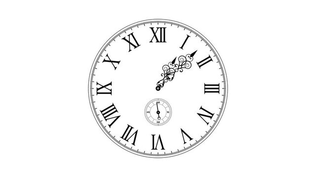 Fancy analog clock countdown animation. Twelve hours in one minute. Animation of the clock. Clock video on black and white Background. HD Video.