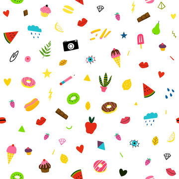 Seamless pattern cartoon design, funny objects background