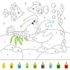 Crayfish, fish, pebbles, bottom, underwater world. Coloring book for children, dot to dot mini-game.