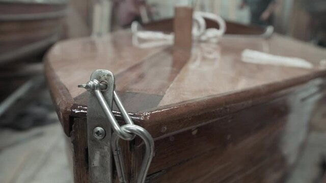 Varnished boat bow boatyard