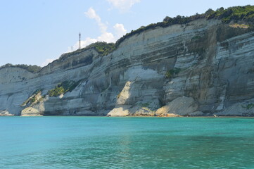 Fototapeta na wymiar The beautiful turquoise ocean in the Ionian Sea surrounding the island of Corfu, Greece