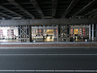 road and canal under a railway bridge in Amsterdam