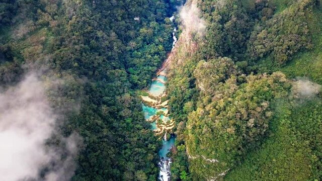 Aerial view of Semuc Champey turquoise pools and waterfalls in Guatemala