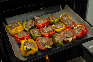 Stuffed bell peppers. Overhead view of stuffed bell peppers