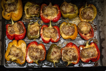 Stuffed bell peppers. Overhead view of stuffed bell peppers