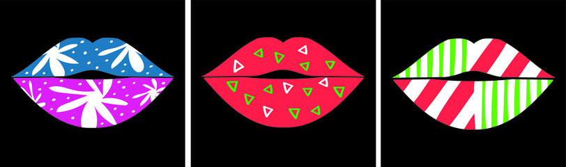 Woman's lips set. Female unusial party lips makeup. Colorful girl's mouth vector illustration.