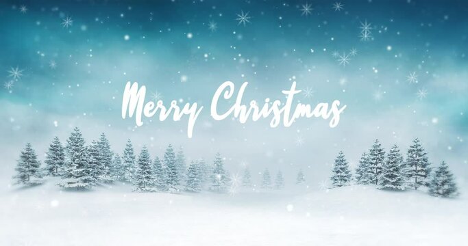 Snow covered winter landscape at snowfall with Merry Christmas text. Winter holiday scenery as looped 4k video background.