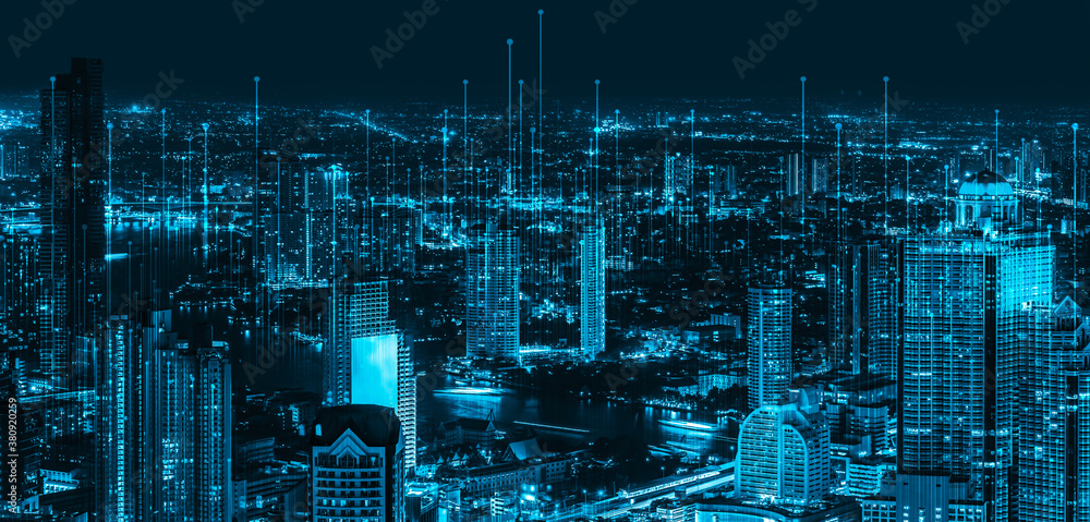 Poster the modern creative communication and internet network connect in smart city . concept of 5g wireles