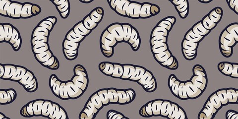 Colored seamless pattern wallpaper with illustrations of maggots worms for halloween design. Scary insect larvae. October party banner, poster or postcard