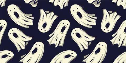 Naklejka premium Colored seamless pattern wallpaper with scary horrible ghost, spirit and soul for halloween holiday design. October party banner, poster or postcard