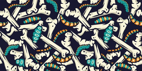 Colored seamless pattern wallpaper with illustrations of caterpillar, maggots worms and bones for halloween design. Scary insect larvae. October party banner, poster or postcard