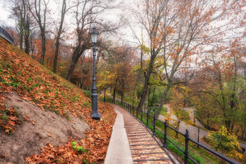 Beautiful autumn park Volodymyrska Hirka or Saint Volodymyr Hill at misty late fall day, Kyiv (Kiev), Ukraine. Scenic landscape with pedestrian walk way, trees and colorful leaves