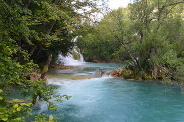 Fototapeta premium The pathways around the turquoise clear water in the Plitvice Lakes National Park in Croatia