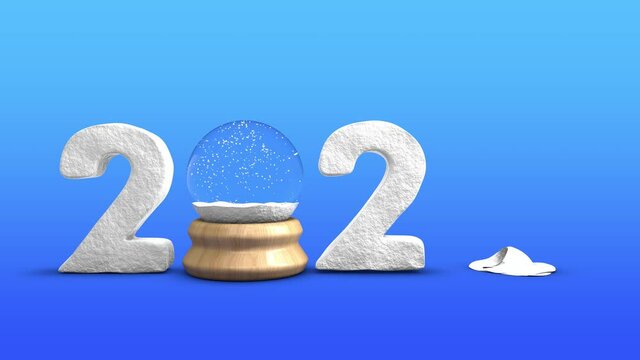 3D animation of the date of 2021 new year and a crystal snow globe, a souvenir with a similar date inside. New year's animation.