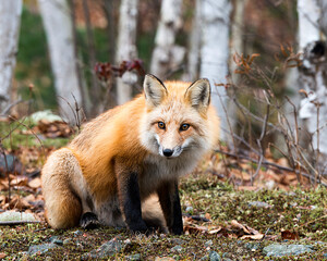 Red Fox Stock Photo. Red Fox close-up profile view in the forest sitting on moss with birch blur background displaying fur, head, ears, eyes, nose, paws in  its environment and habitat.
