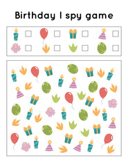 Fototapeta na wymiar Birthday I spy game. Search and count items. Activity printable worksheet for preschool kids. Dinosaur theme.