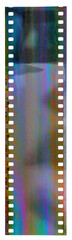 Long start of 35mm negative filmstrip, first frame on white background, real scan of film material...