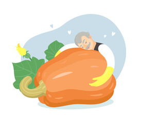 The old gardener and his harvest — a huge pumpkin. Growing huge vegetables. Vector illustration on white background.