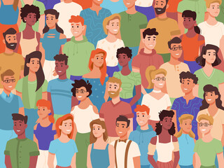 Group of people of different nationalities, crowd of diverse characters. Vector multiethnic society, multicultural youth diversity. Men and women standing in queue, multiracial audience smiling public