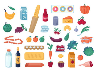 Set of vegetables and fruits, dairy and meat products isolated. Vector pepper, broccoli and eggplant, tomato. Banana and grapes. Donuts and bread loaf. Cheese and milk, eggs, sausage. Grocery shopping