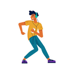 Guy listening music and dancing in smartphone headphones, vector flat isolated character. Young man or boy teenager in earphones listen music and dance with mobile phone player