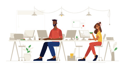 Office social distance, work and workplace safety, vector flat. Colleagues people sitting through one, coronavirus covid corporate social distance and health safety, virus new normal reality rules