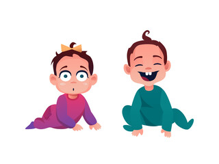 Baby boy and girl isolated cute toddler kids. Vector 7 or 8 month children, smiling cartoon infants in romper or jumper. Baby shower day characters, smiling lovely son and daughter with bow on head