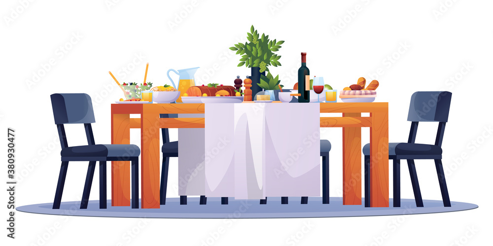 Wall mural table laid, festive dinner food dishes, drinks and chairs, vector. family dining room or kitchen and