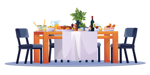 Table laid, festive dinner food dishes, drinks and chairs, vector. Family dining room or kitchen and restaurant laid table with party celebration lunch, breakfast or brunch meals, salads and wine
