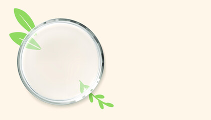 Empty transparent petri dish and green hand drawn plant leaves, top view. Horizontal vector illustration. Concept organic natural beauty product. Science and laboratory