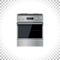 Kitchen stove icon. Modern cooker with oven. Home appliance concept. Front view. Silver stove isolated on transparent background. Vector illustration.