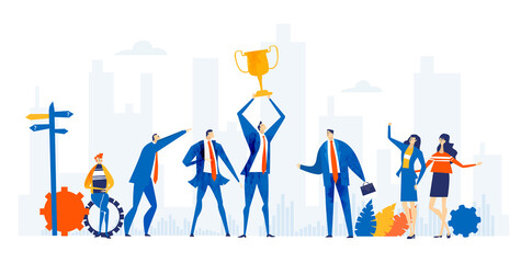 Obraz premium Businessman holds up golden trophy. Symbol of success and achievement