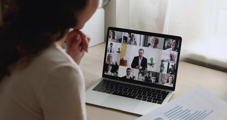 Woman lead virtual meeting with multi ethnic business partners. Team discuss project, financial stats of company brainstorm together at group briefing by videoconference, teamwork modern tech concept - Powered by Adobe