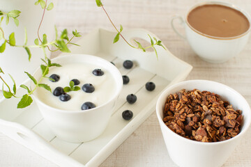 Homemade granola with blueberries and yoghurt on a table Healthy food, clean eating, dieting concept
