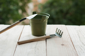 Rake and two spade on wooden background