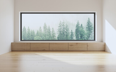 Side window, seat 3d render.There are white room,wood seat,.There are big windows look out to see nature view