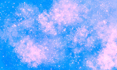 saturated bright blue space bright festive magic background with many stars and clouds. Universal festive cheerful positive background.