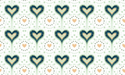 seamless repeating light bright saturated cute light background with different sized hearts, simple decorations, dots. Festive romantic background in vintage style, simply drawn