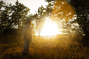 Woman wearing a hat and with a backpack looks at the horizon at sunset. Autumn forest, copy space.