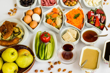 Traditional Turkish Spread Breakfast with fresh fruits and vegetables,boiled eggs