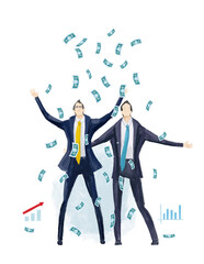 Digital illustration Money falling from sky at business people. Businessman happy works in office. Success and professional achievement concept
