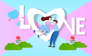 Happy Valentines Day Vector with lovely young romantic couple are greetings Card Design.