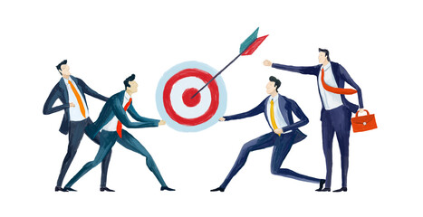 Digital illustration Business people fighting forum, target, deal. Competitive business life, way to success 